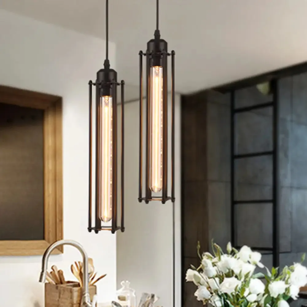 Industrial Black Iron Cage Pendant Light - 1-Bulb Cylindrical Ceiling Fixture for Bars