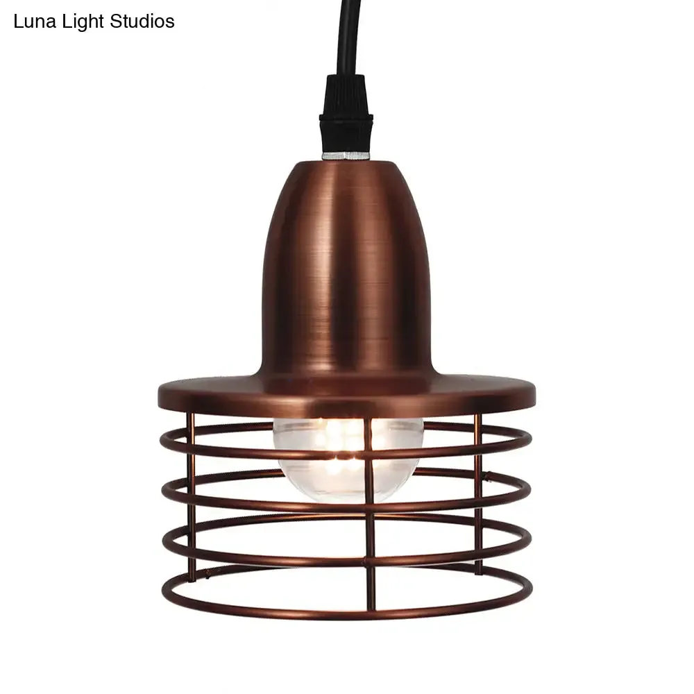 Industrial Retro Pendant Lighting: 1-Light Drum Pendant with Wire Cage Shade for Kitchen Ceiling, Black/Bronze Metal