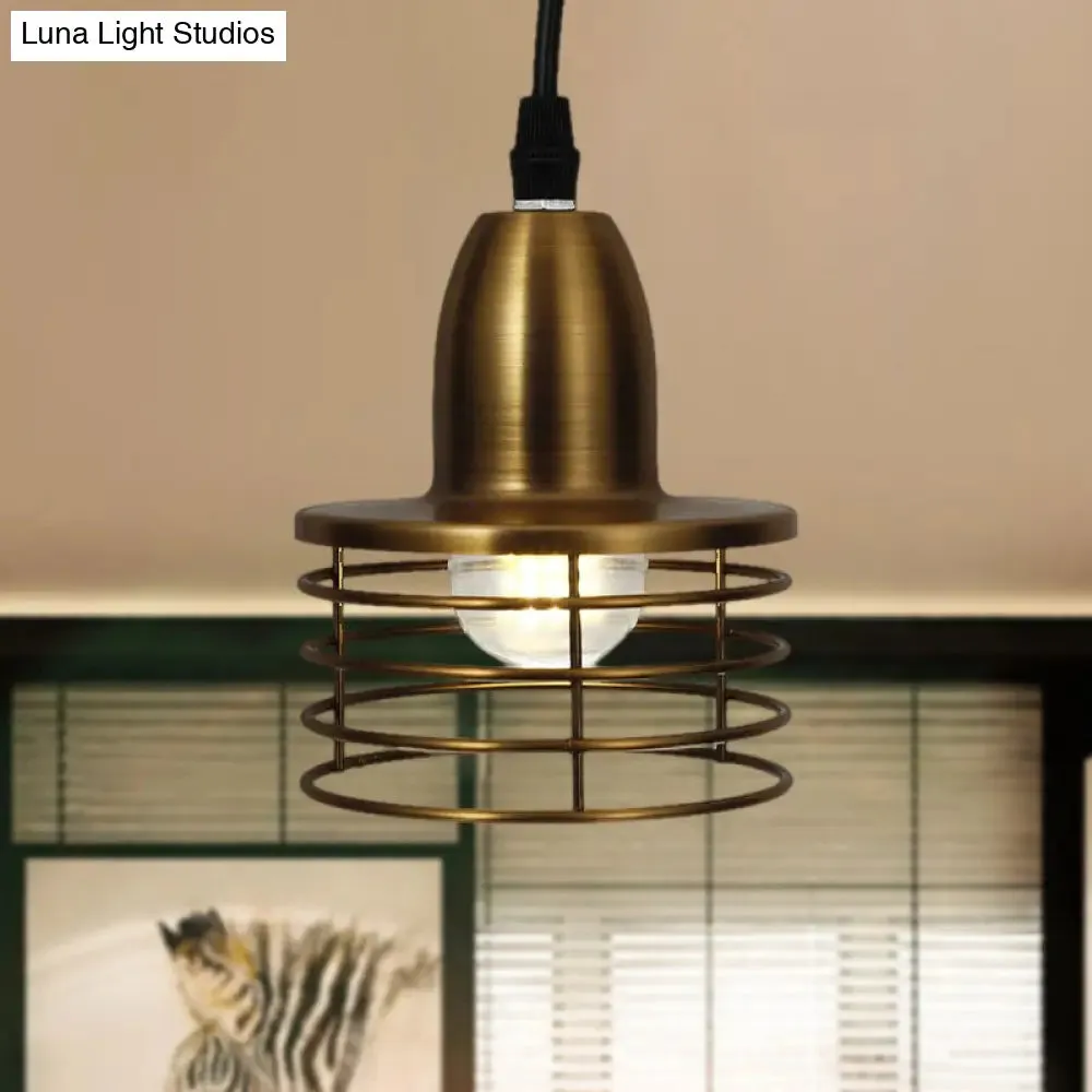 Industrial Retro Pendant Lighting: 1-Light Drum Pendant with Wire Cage Shade for Kitchen Ceiling, Black/Bronze Metal