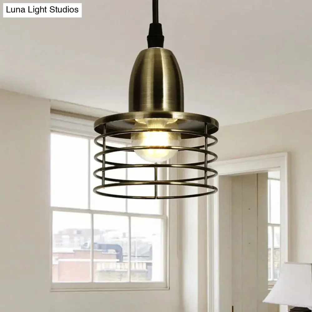 Industrial Retro Pendant Lighting: 1-Light Drum Pendant with Wire Cage Shade for Kitchen Ceiling, Black/Bronze Metal