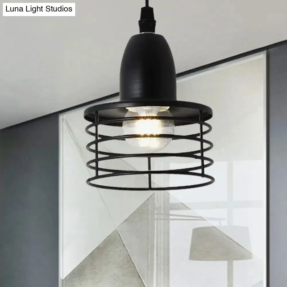 Industrial Retro Pendant Lighting: 1-Light Drum Pendant with Wire Cage Shade for Kitchen Ceiling, Black/Bronze Metal