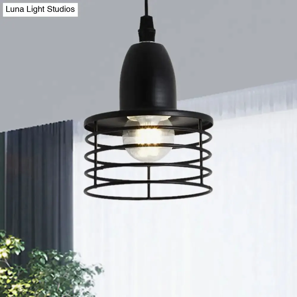 Industrial Retro Pendant Lighting: 1-Light Drum Pendant with Wire Cage Shade for Kitchen Ceiling, Black/Bronze Metal