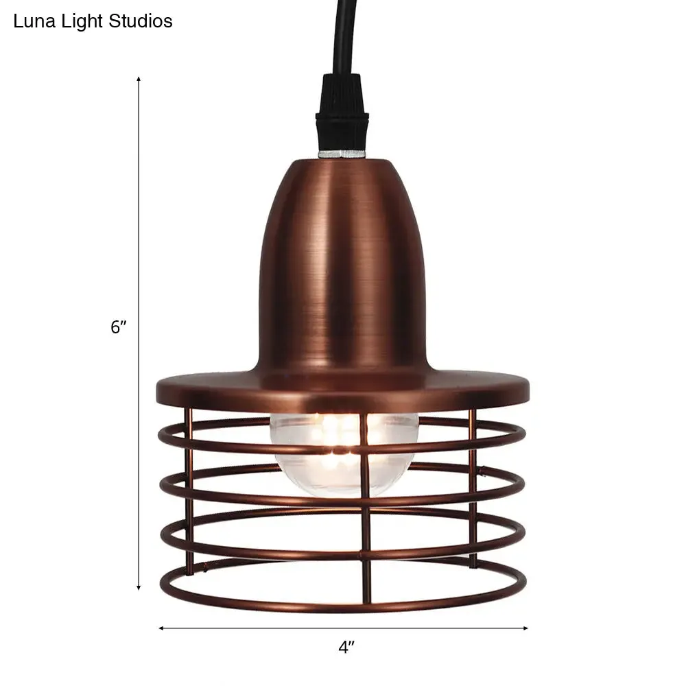 Industrial Retro Pendant Lighting: 1-Light Drum Pendant with Wire Cage Shade for Kitchen Ceiling, Black/Bronze Metal