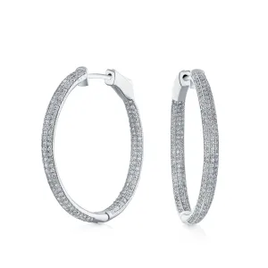 Large Round Pave Set CZ Hoop Earrings with Hinged Lock Sterling Silver 1.25" Diameter