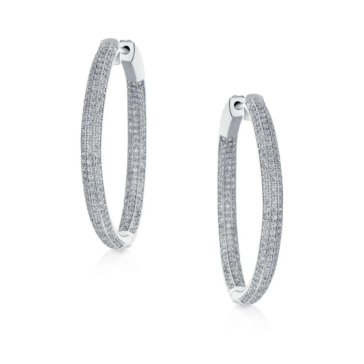 Large Round Pave Set CZ Hoop Earrings with Hinged Lock Sterling Silver 1.25" Diameter