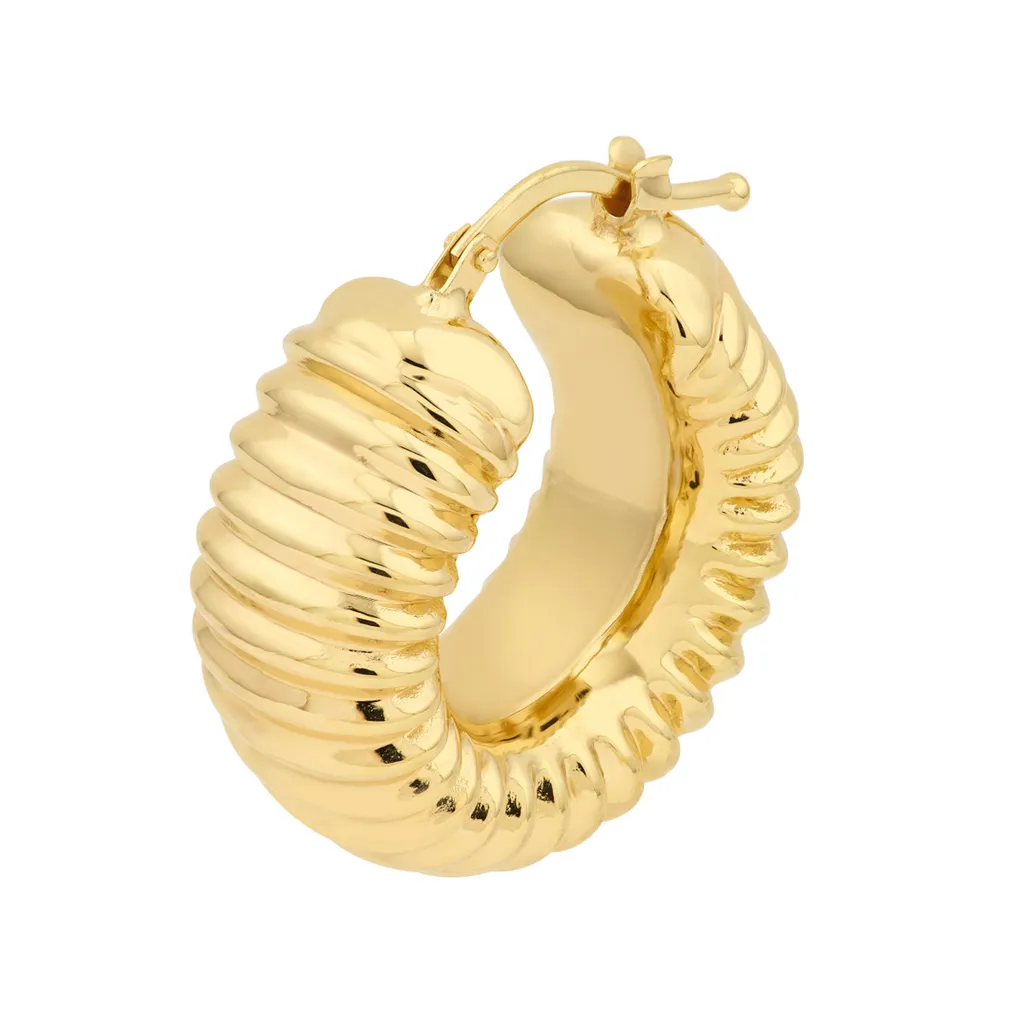 Medium Puffed Rib Hoop Earrings | Genuine 14K Yellow Gold