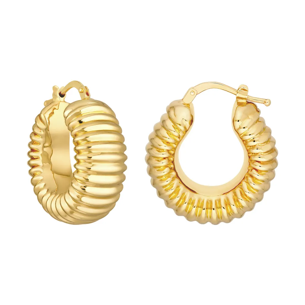 Medium Puffed Rib Hoop Earrings | Genuine 14K Yellow Gold