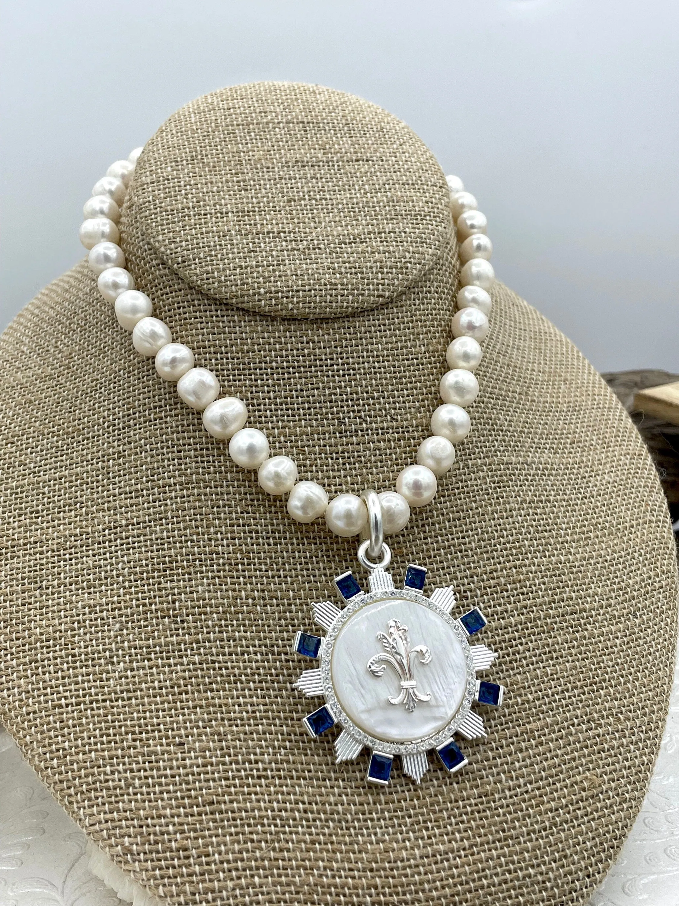 Mother of Pearl Pendant with Fleur de Lis and Cubic Zirconia Accents, Brass Matte Silver Bezel  Natural Mother of Pearl 3 CZ Color Fast Ship