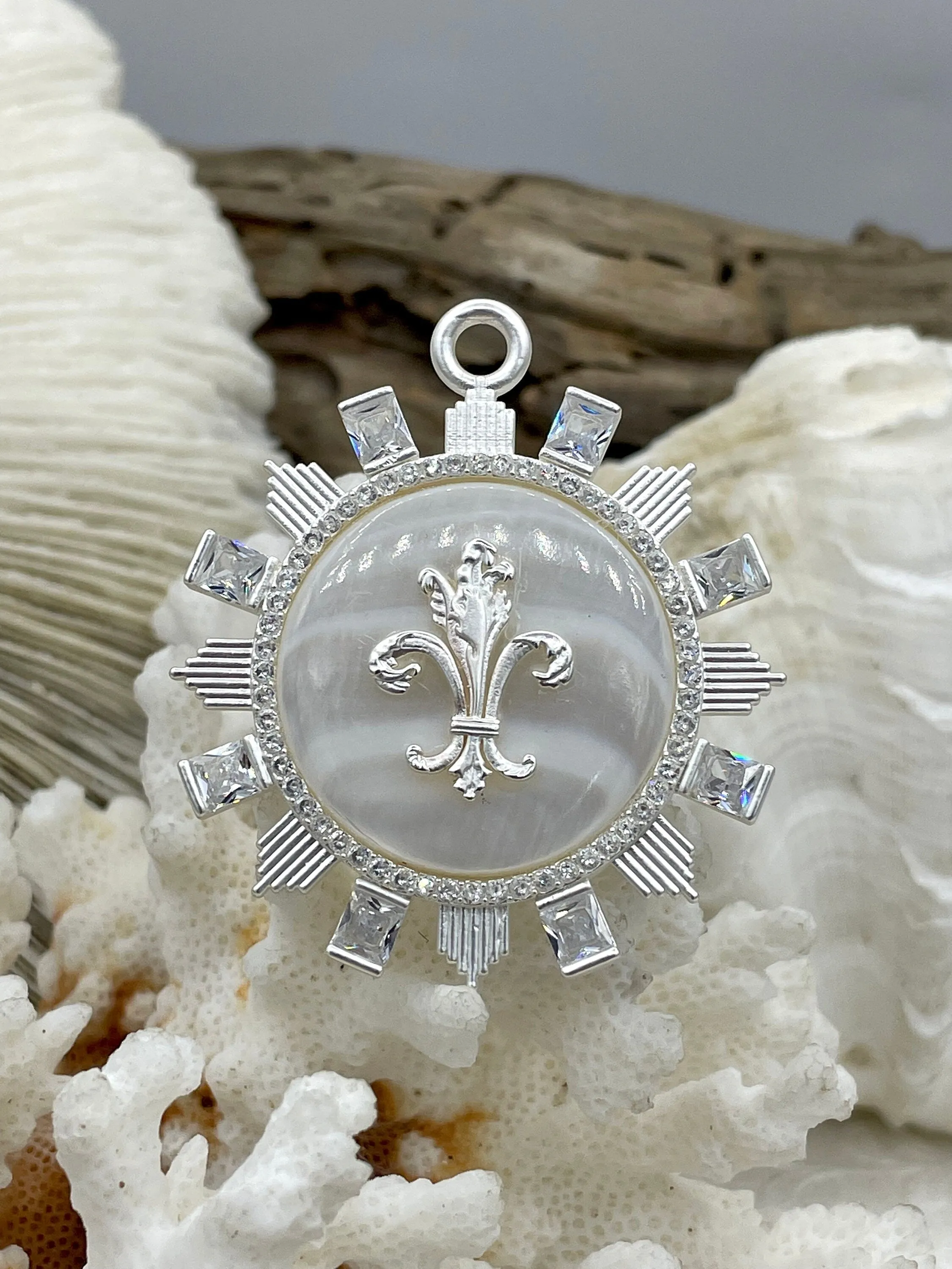 Mother of Pearl Pendant with Fleur de Lis and Cubic Zirconia Accents, Brass Matte Silver Bezel  Natural Mother of Pearl 3 CZ Color Fast Ship