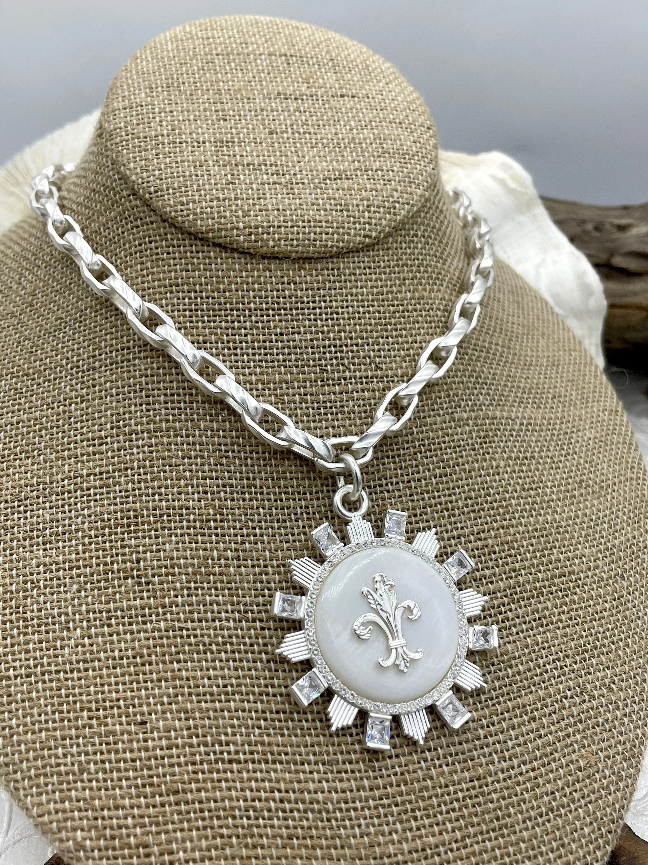 Mother of Pearl Pendant with Fleur de Lis and Cubic Zirconia Accents, Brass Matte Silver Bezel  Natural Mother of Pearl 3 CZ Color Fast Ship