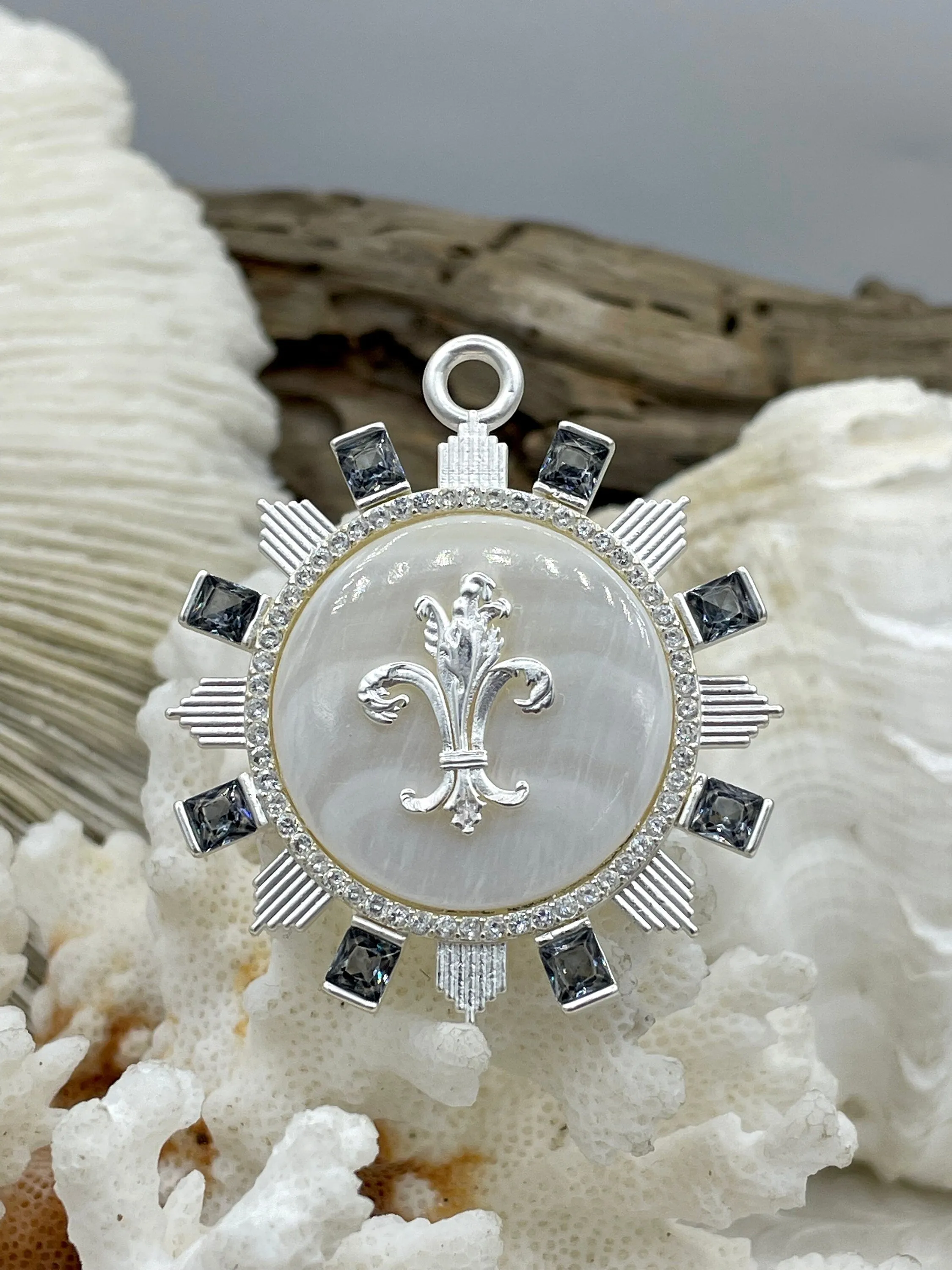 Mother of Pearl Pendant with Fleur de Lis and Cubic Zirconia Accents, Brass Matte Silver Bezel  Natural Mother of Pearl 3 CZ Color Fast Ship