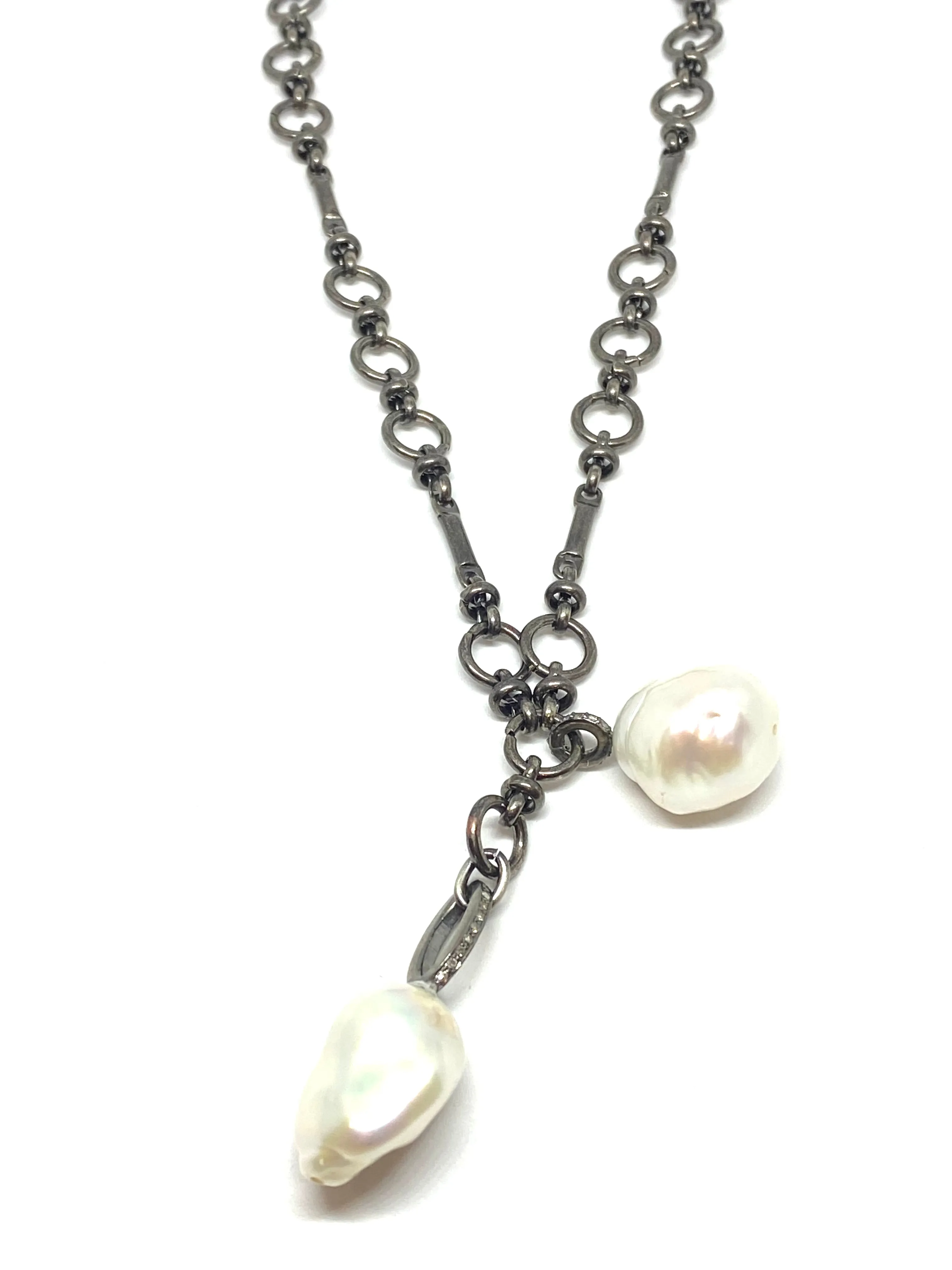 Nathan & Moe Oxidized Chain Necklace with Two White Pearls accented with Diamond Bales