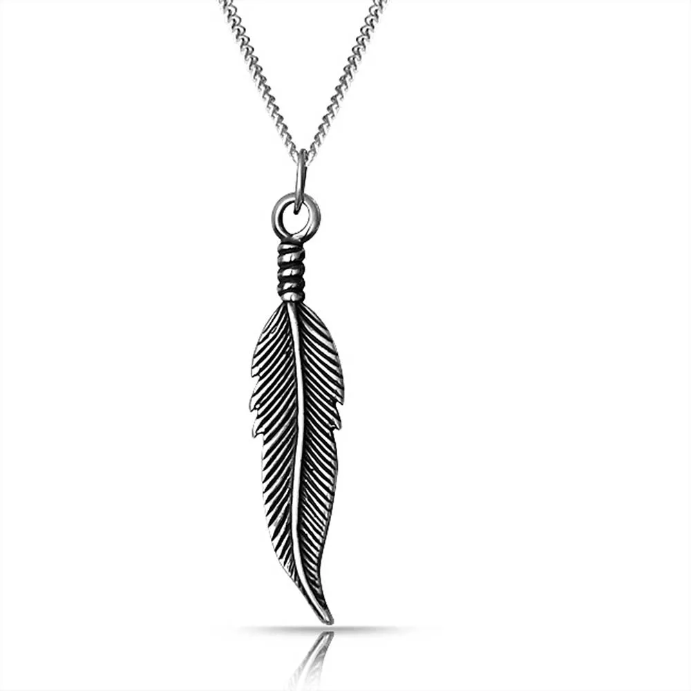 Native American Style Feather Leaf Pendant Necklace Bohemian Western Jewelry 18"