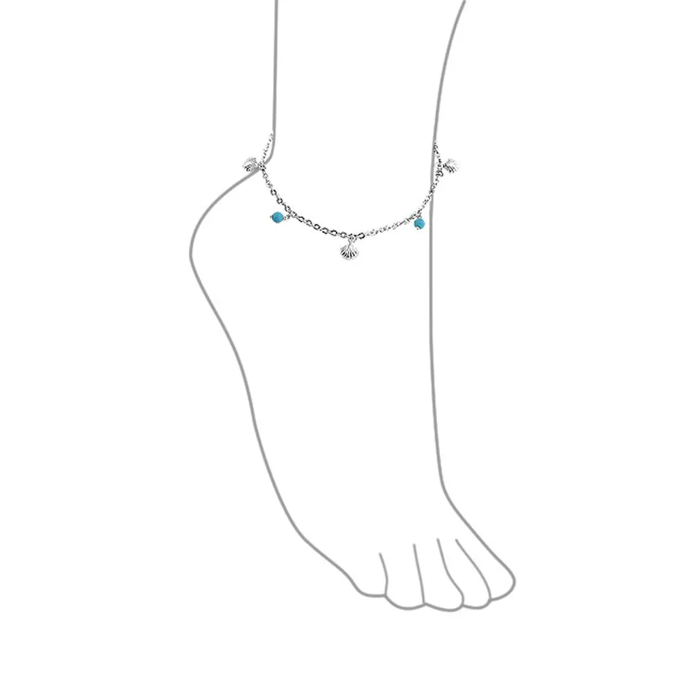 Nautical Charm Anklet Ankle Bracelet with Turquoise Clam Seashell Sterling Silver