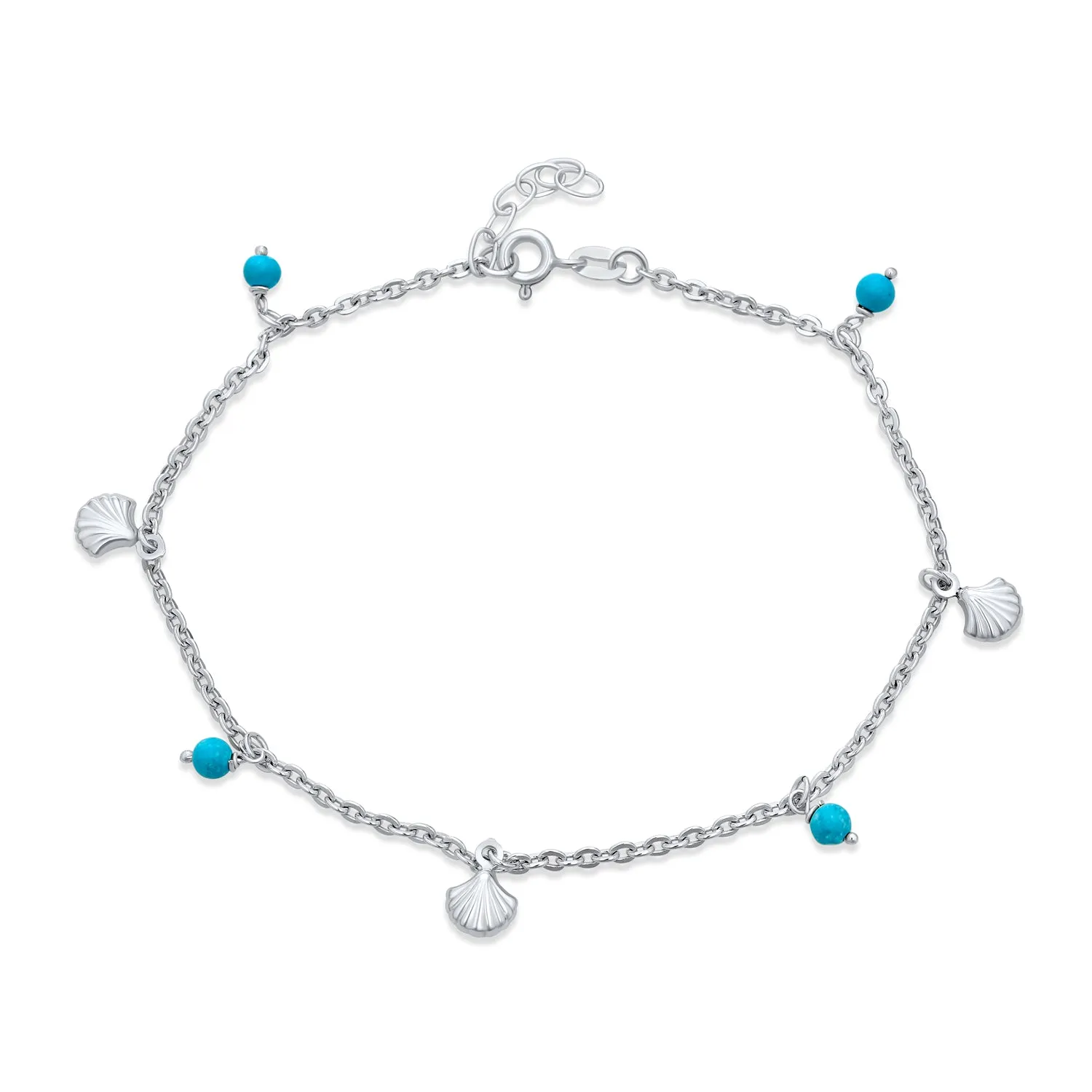 Nautical Charm Anklet Ankle Bracelet with Turquoise Clam Seashell Sterling Silver