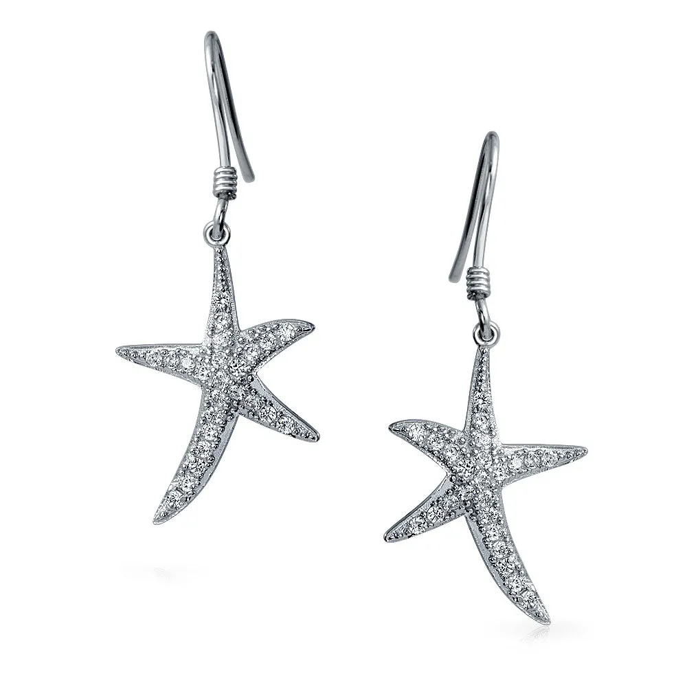 Nautical Starfish Dangle Chandelier Earrings with CZ Pave in Sterling Silver