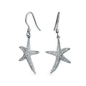 Nautical Starfish Dangle Chandelier Earrings with CZ Pave in Sterling Silver