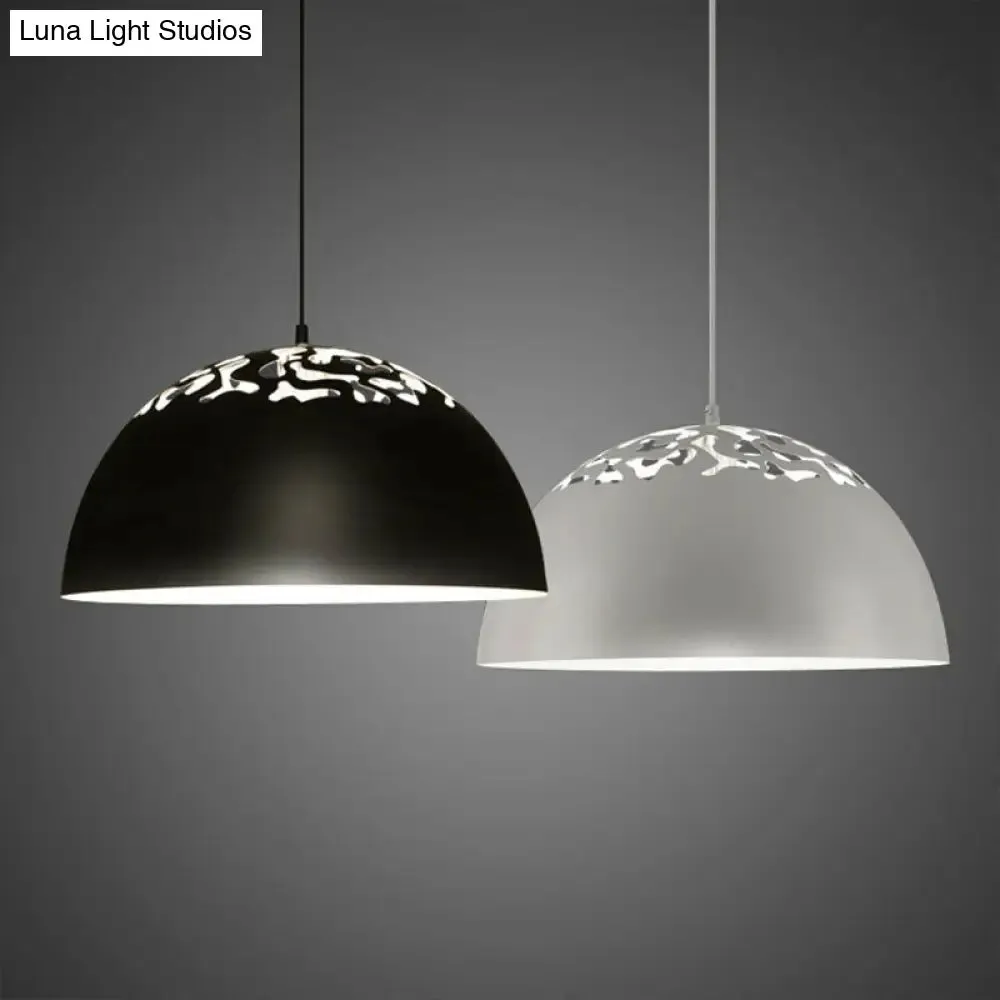 Nordic Dome Ceiling Pendant Light - 14"/16" Wide, 1-Light Iron Lamp with Hollowed Top - Black/White