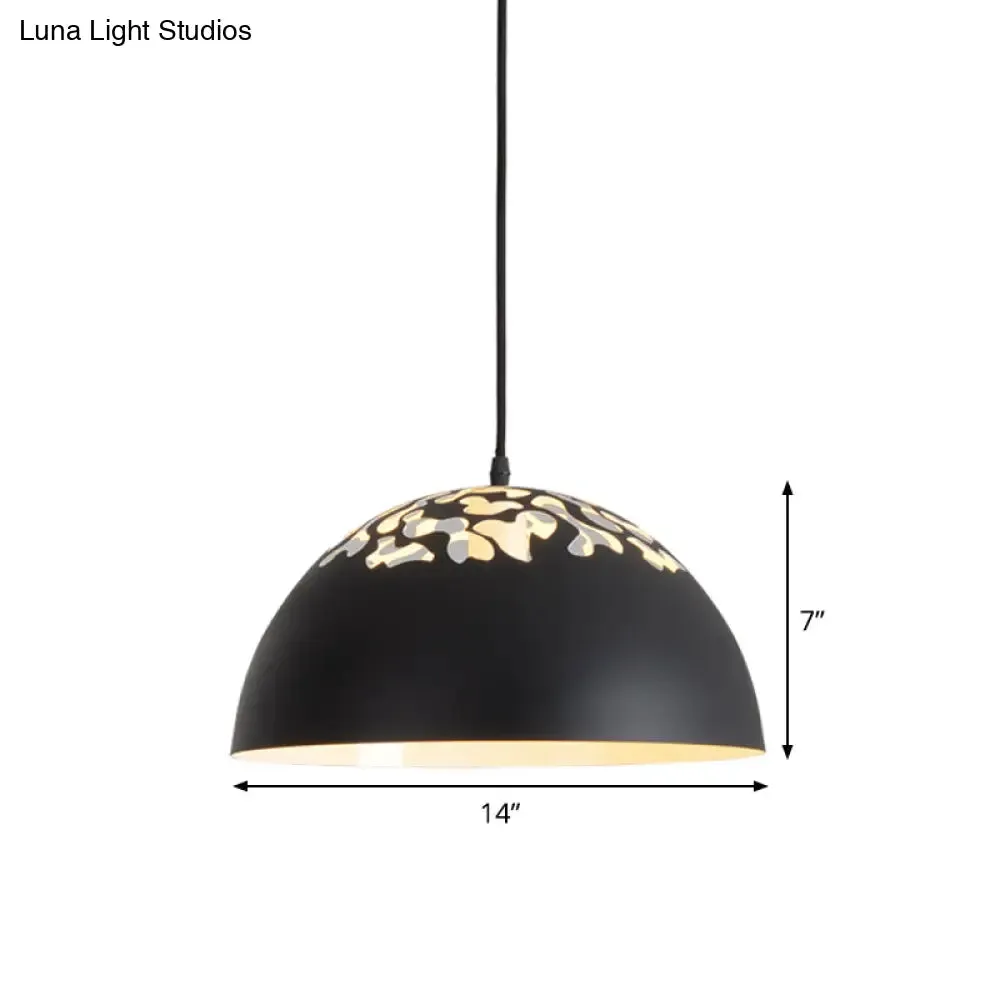 Nordic Dome Ceiling Pendant Light - 14"/16" Wide, 1-Light Iron Lamp with Hollowed Top - Black/White