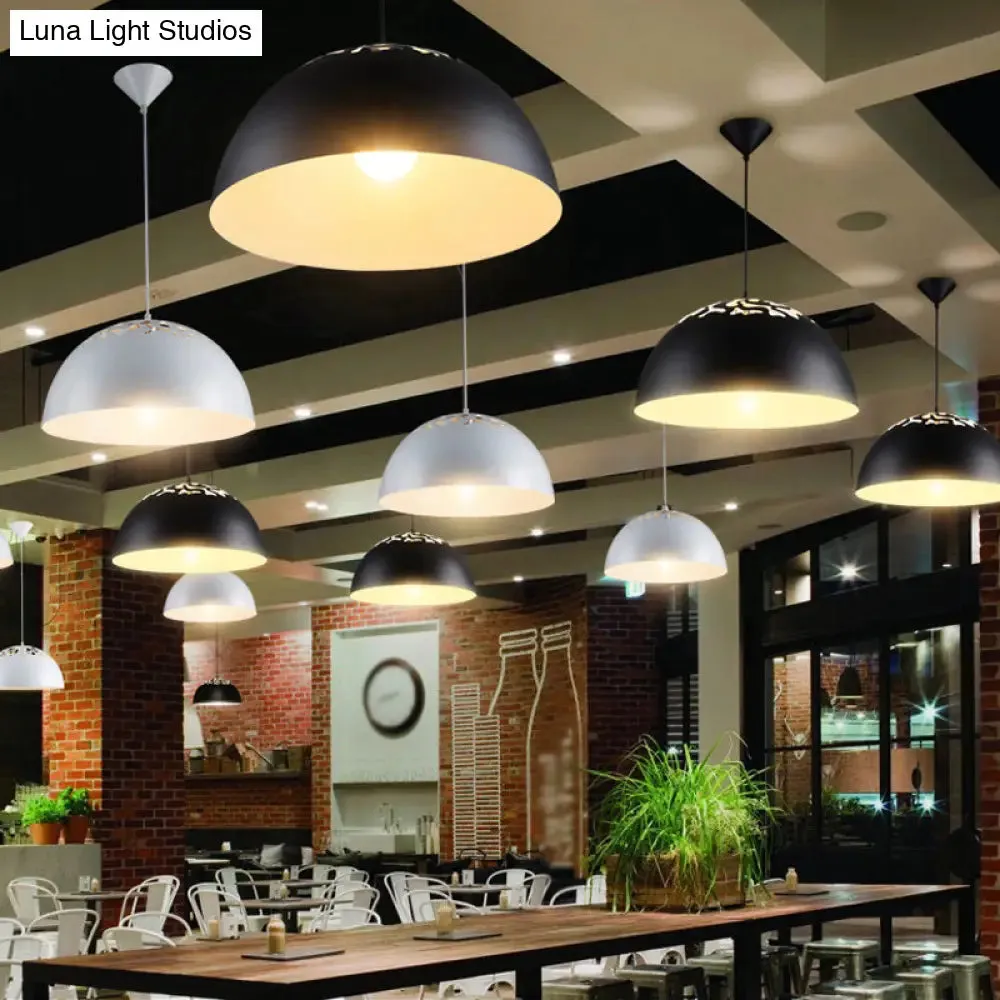 Nordic Dome Ceiling Pendant Light - 14"/16" Wide, 1-Light Iron Lamp with Hollowed Top - Black/White