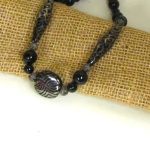 Onyx & Black and Platinum African Kazuri Bead Necklace