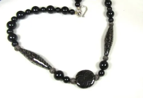 Onyx & Black and Platinum African Kazuri Bead Necklace