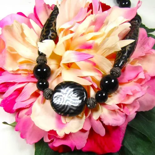 Onyx & Black and Platinum African Kazuri Bead Necklace