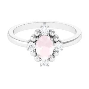 Oval Rose Quartz Cocktail Ring with Diamond