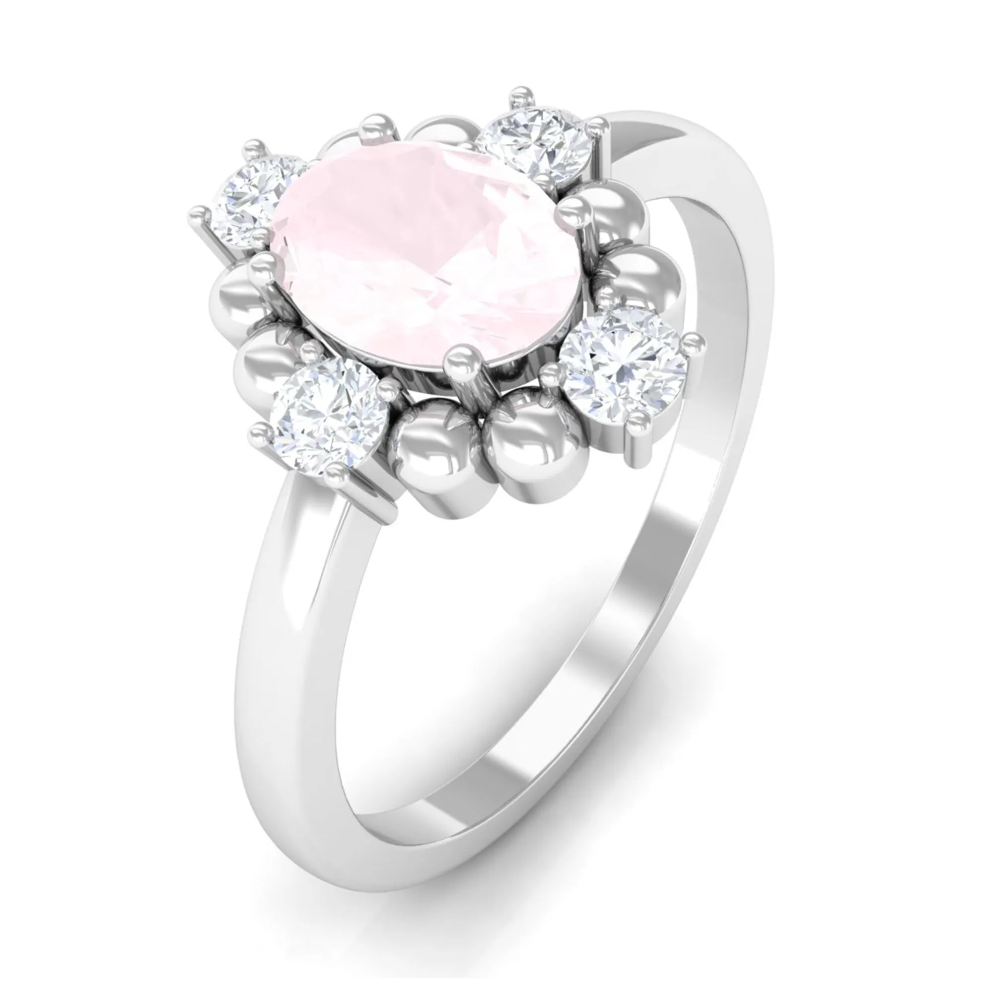 Oval Rose Quartz Cocktail Ring with Diamond