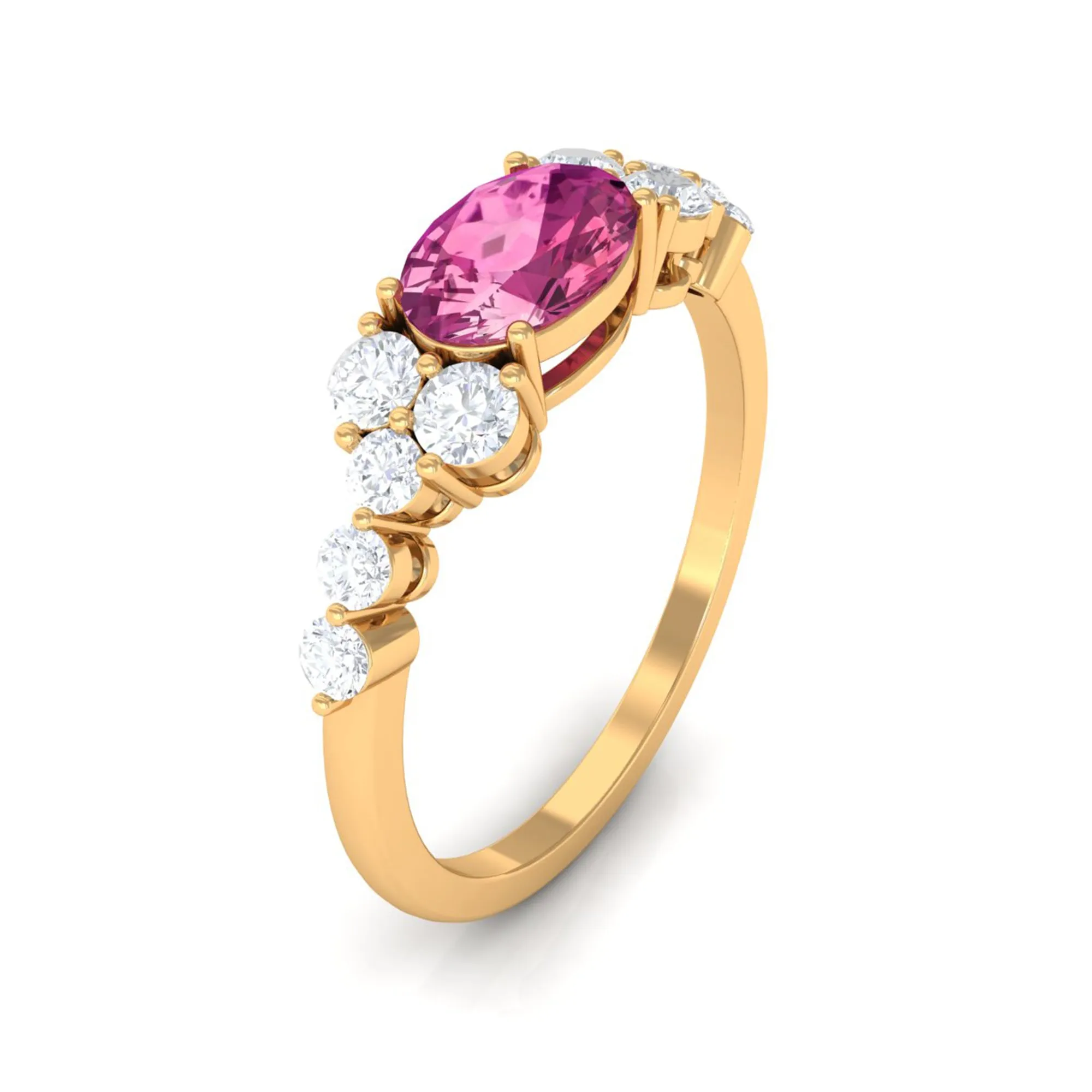 Pink Tourmaline Solitaire East West Ring with Diamond Side Stones