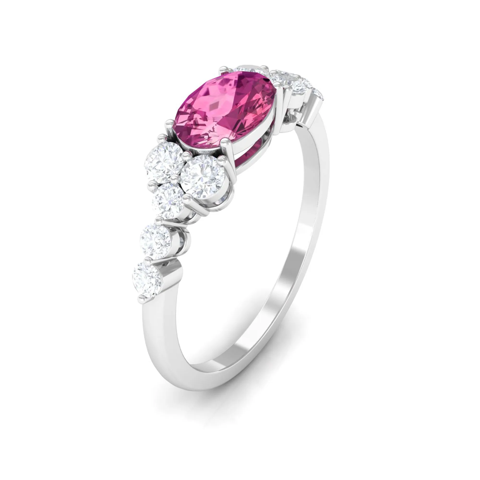 Pink Tourmaline Solitaire East West Ring with Diamond Side Stones