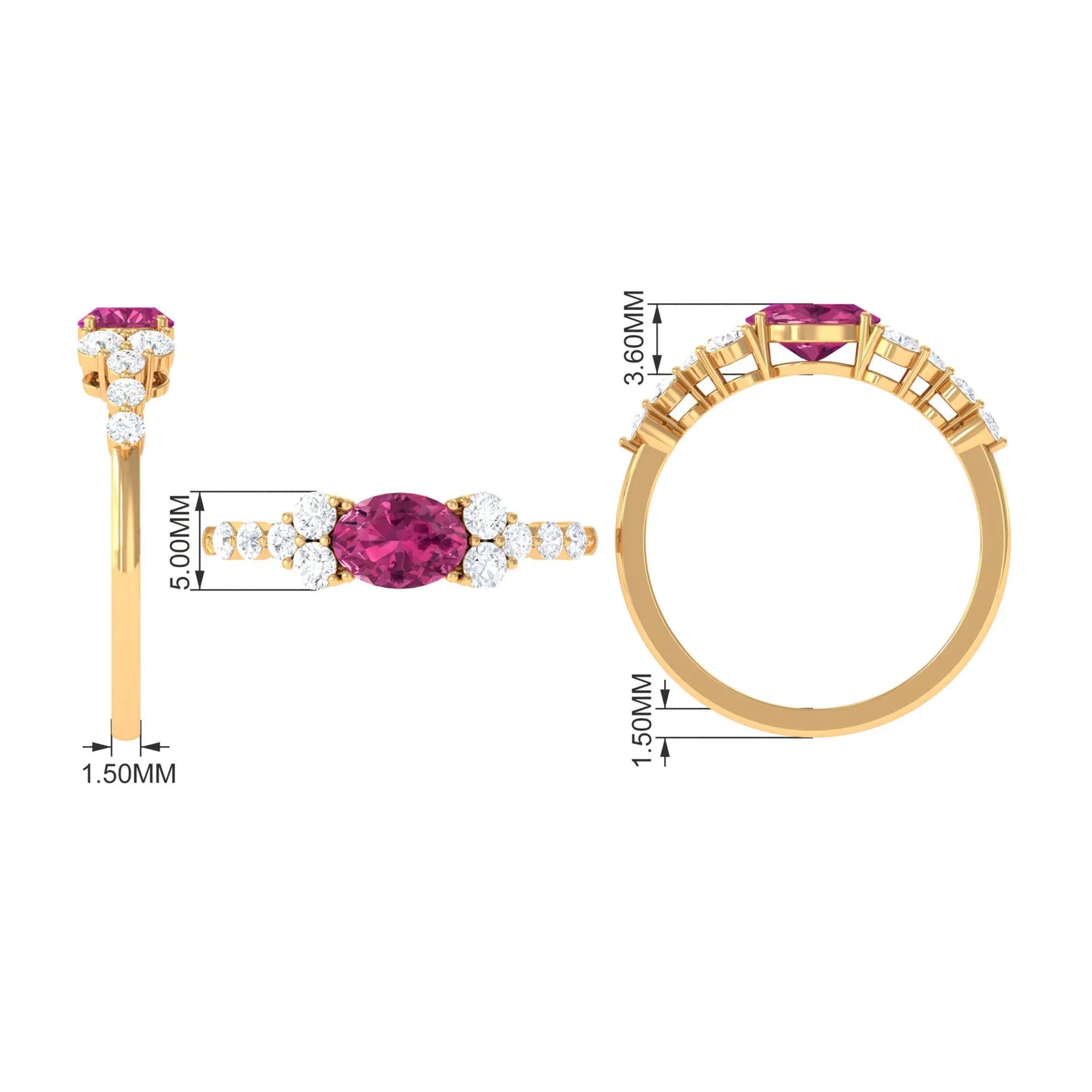 Pink Tourmaline Solitaire East West Ring with Diamond Side Stones