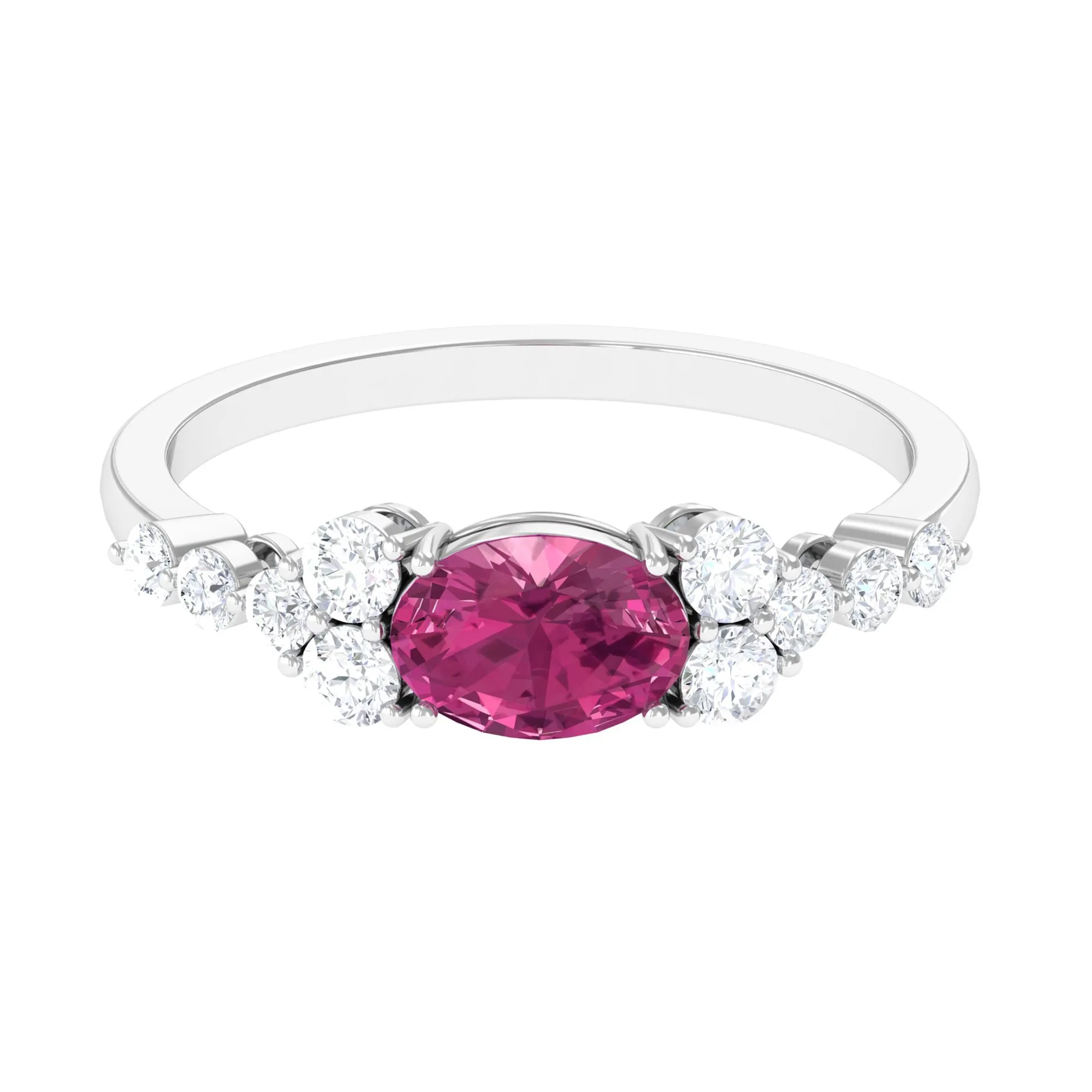 Pink Tourmaline Solitaire East West Ring with Diamond Side Stones