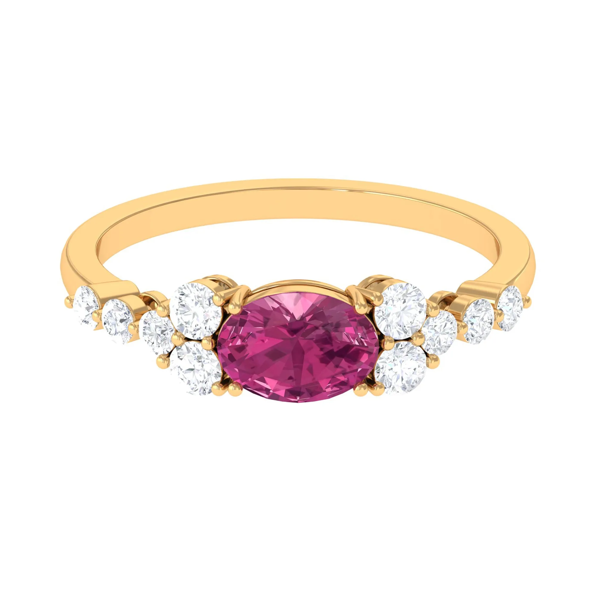 Pink Tourmaline Solitaire East West Ring with Diamond Side Stones