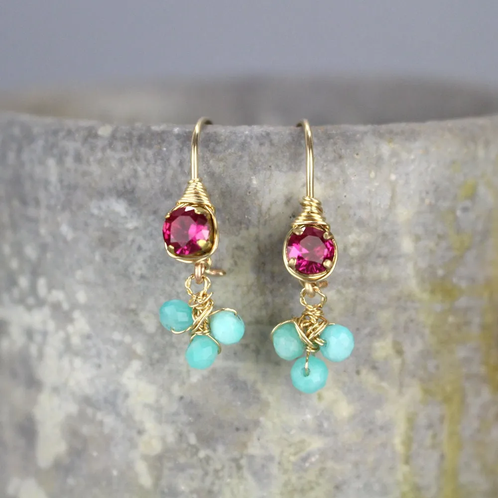 Pink Zircon Amazonite Small Clover Earrings