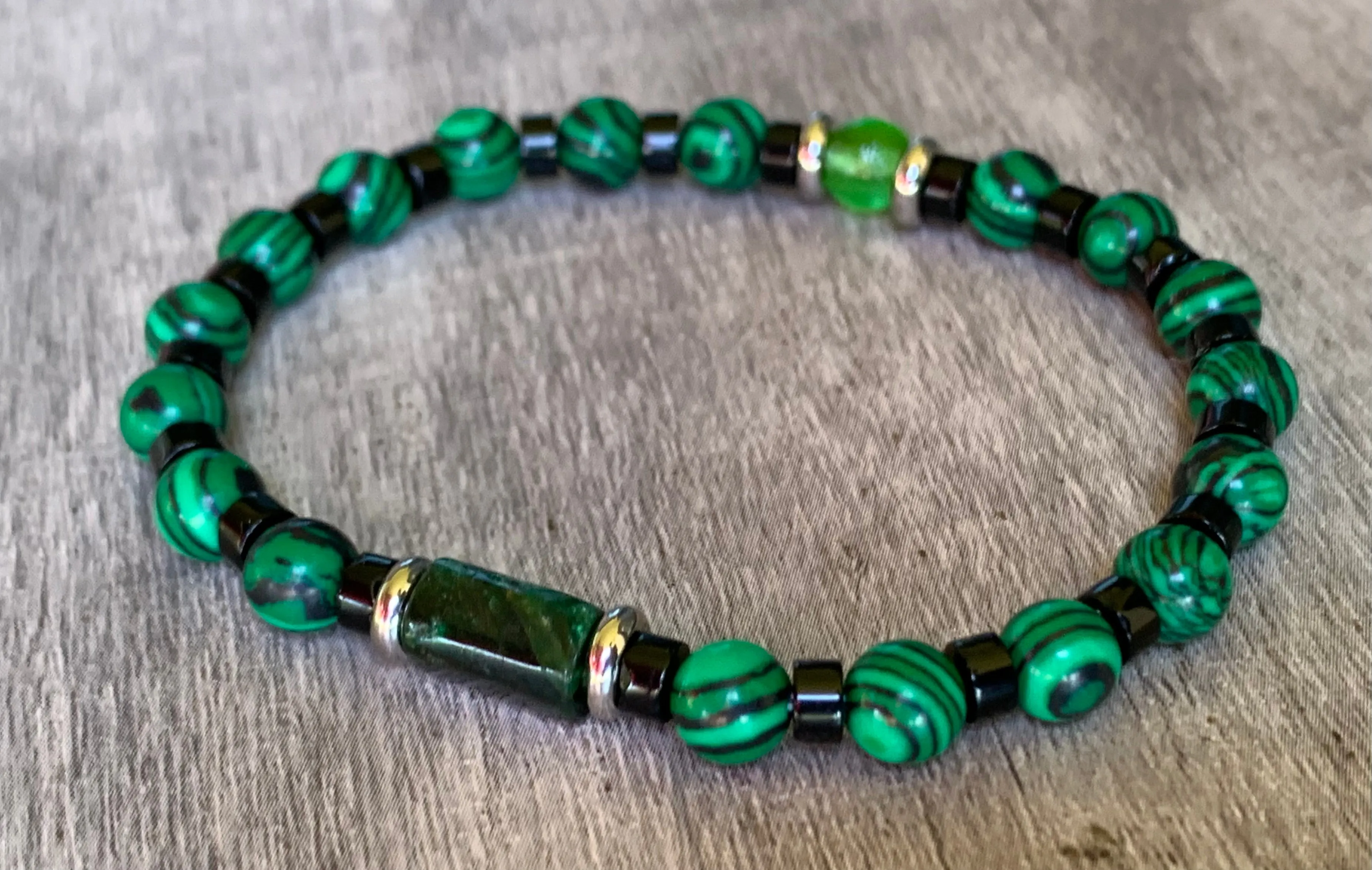 Quinn Handmade Emerald, Malachite, Black Quartz, and Moldavite Expandable Bracelet/ Anklet