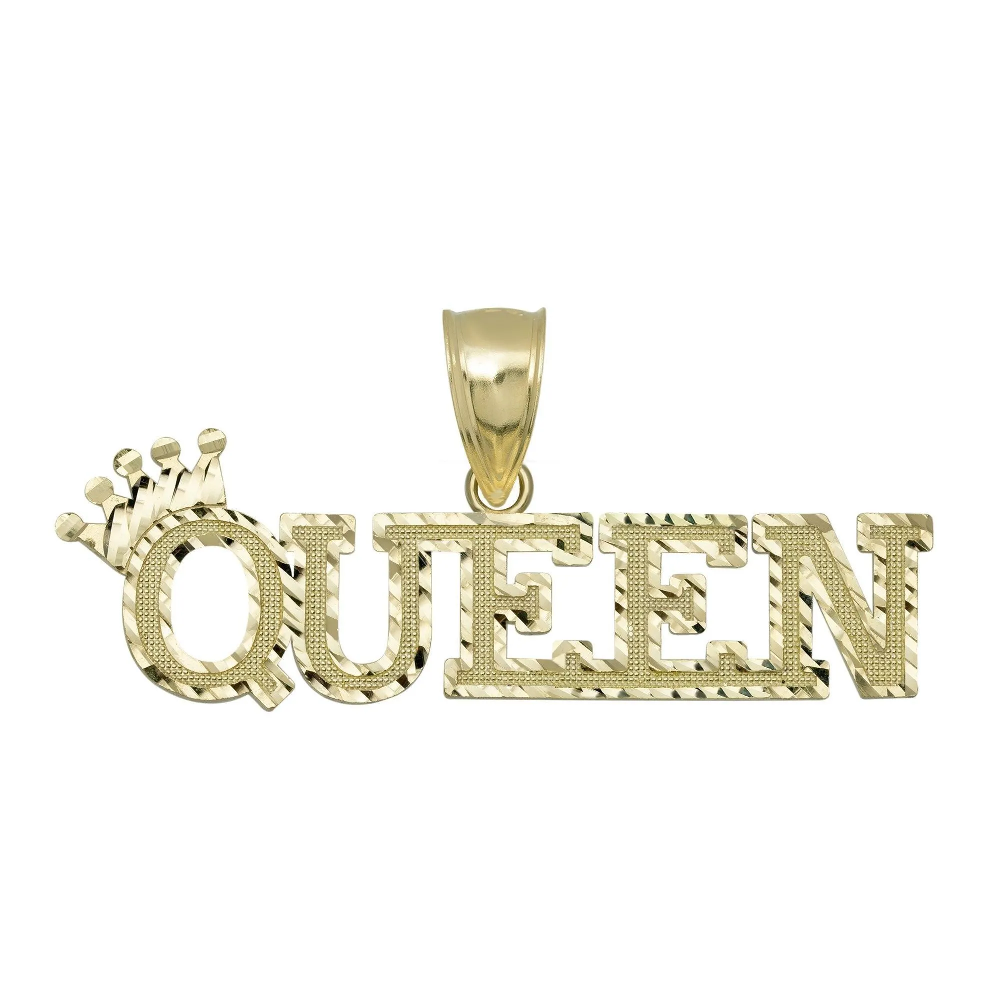 "Queen" Script with Crown Pendant 10K Yellow Gold