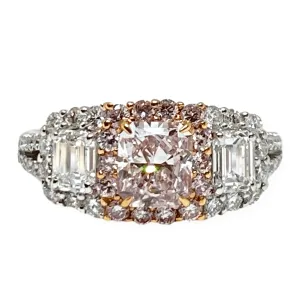 Radiant Fancy Pink Diamond Engagement Three Stone Ring 18 Karat 1.02 CT GIA 5146