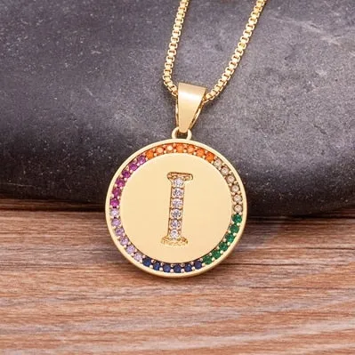 Rainbow coin necklace with initial A-Z for Women and Men in Gold Color