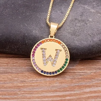 Rainbow coin necklace with initial A-Z for Women and Men in Gold Color