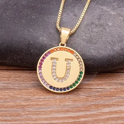 Rainbow coin necklace with initial A-Z for Women and Men in Gold Color