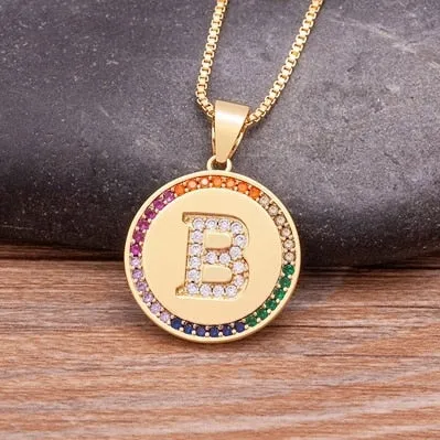 Rainbow coin necklace with initial A-Z for Women and Men in Gold Color