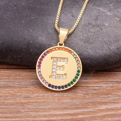 Rainbow coin necklace with initial A-Z for Women and Men in Gold Color