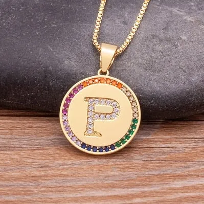 Rainbow coin necklace with initial A-Z for Women and Men in Gold Color