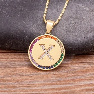 Rainbow coin necklace with initial A-Z for Women and Men in Gold Color