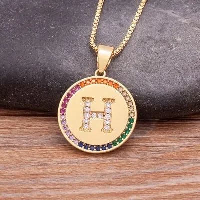 Rainbow coin necklace with initial A-Z for Women and Men in Gold Color