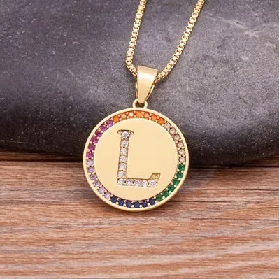 Rainbow coin necklace with initial A-Z for Women and Men in Gold Color