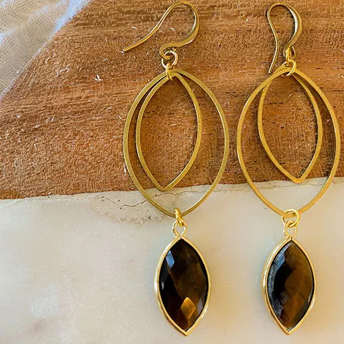 Rajah: Triple Marquise Earring - Tiger Eye, Turquoise, or Labradorite Gemstone