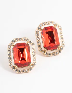 Red Large Emerald Cut Stud Earrings