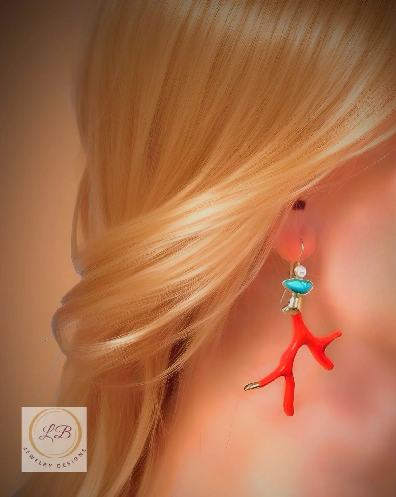 Resort Red Enamel Coral Branch Turquoise Dangle Earrings 2”